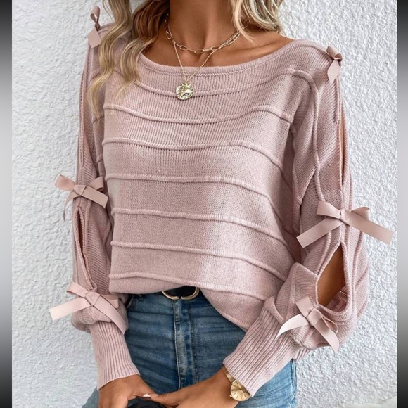 Cozy Batwing Sleeve Boat Neck Knot Detail Split Sleeve Sweater Top - Picture 5 of 7